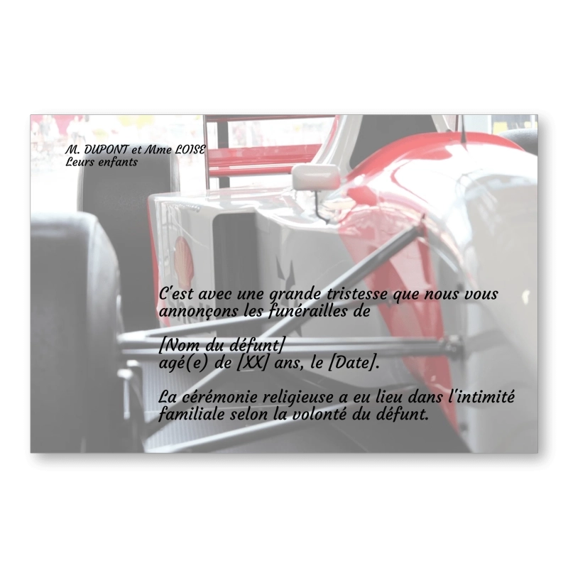 Faire part de Décès Formule 1 Voiture Faire part de Décès Formule 1 Voiture