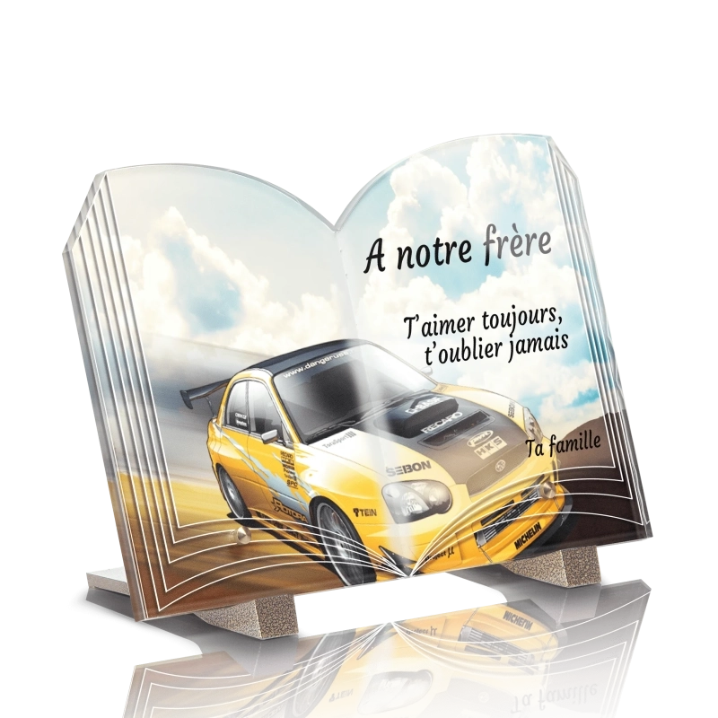 Plaque Funéraire Livre Voiture de course jaune Plaque Funéraire Livre Voiture de course jaune