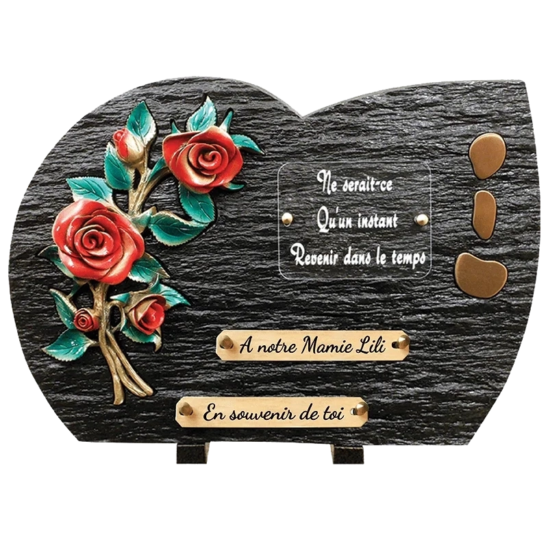 Plaque Funéraire Rose rouge en Schiste Acrylate