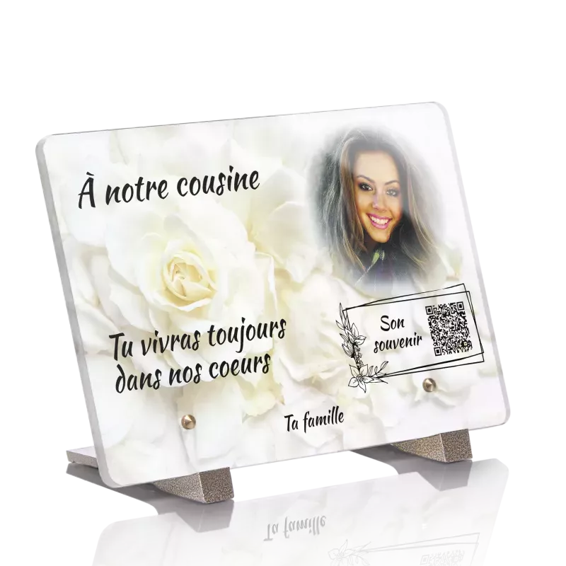 Plaque funéraire QR Code - Rose Blanche