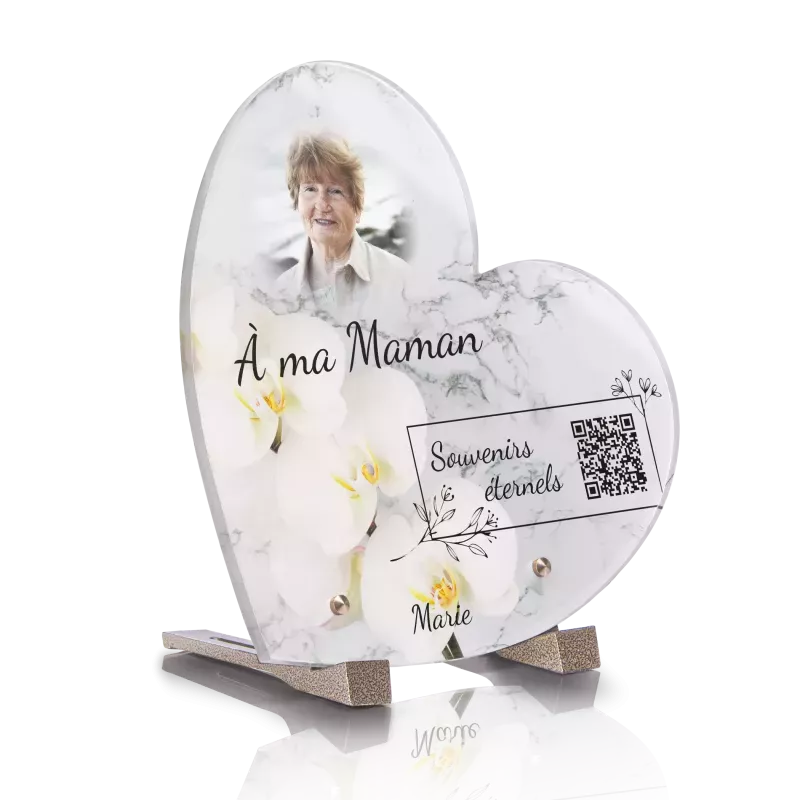 Plaque funéraire QR Code - Coeur Orchidée Effet Marbre