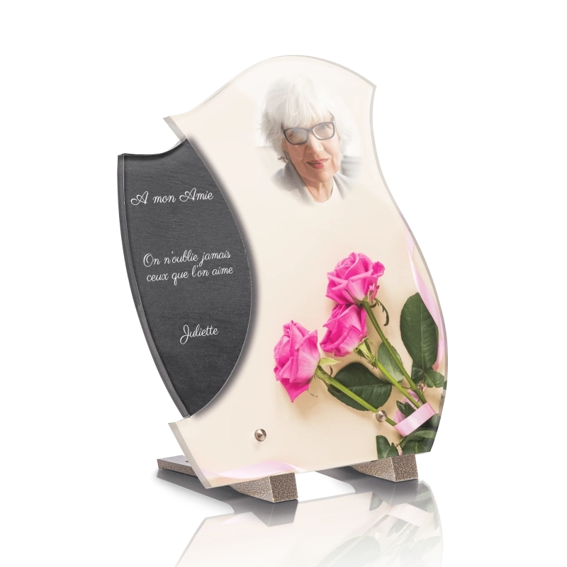 Plaque Funéraire Design Roses Ruban