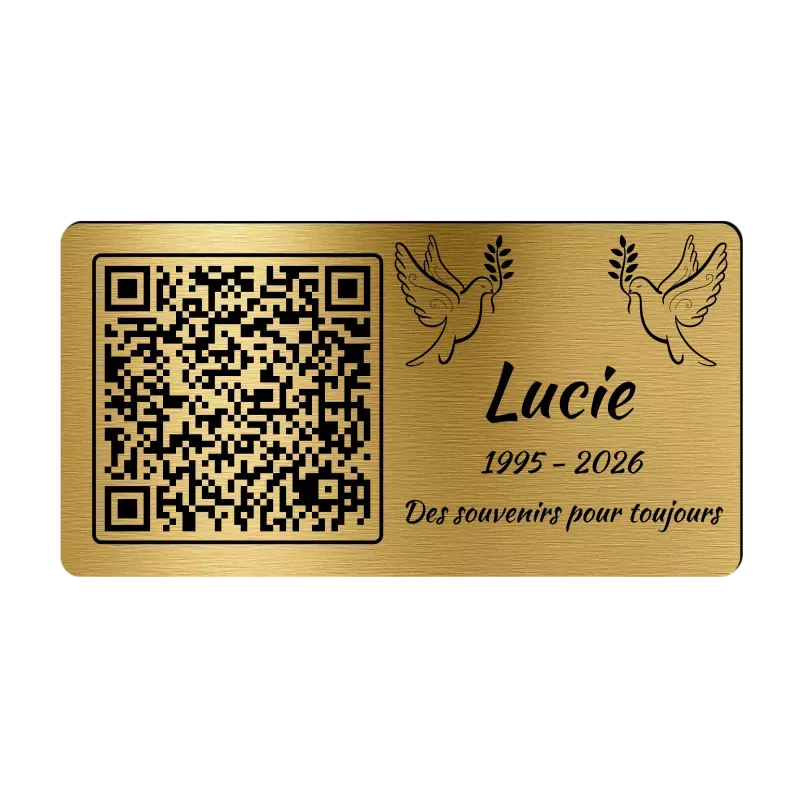 Plaque funéraire QR Code gravée Double Colombe horizontale - Mémorial numérique personnalisé