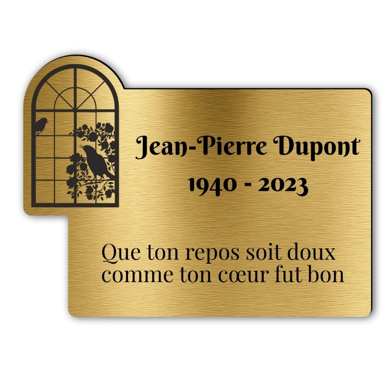 Plaque Funéraire Gravée Forme Fenêtre et oiseau Plaque Funéraire Gravée Forme Fenêtre et oiseau