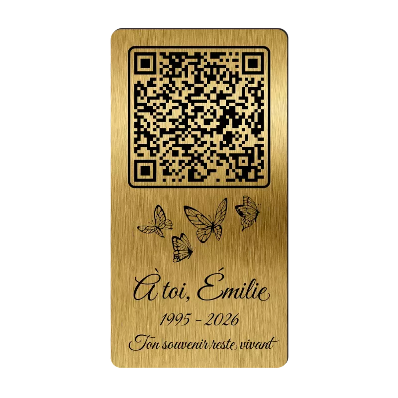 Plaque funéraire QR Code gravée Papillons verticale - Mémorial numérique personnalisé