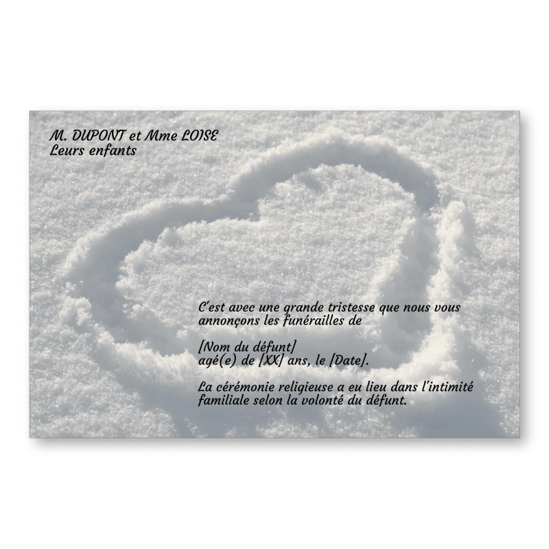 Faire part de Décès Coeur Neige