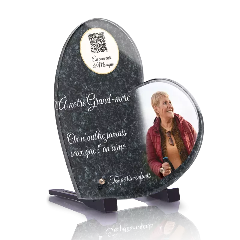 Plaque funéraire QR Code - Coeur Portrait Granit