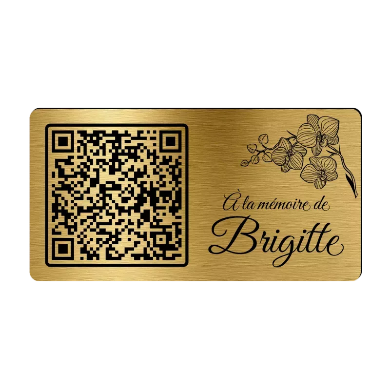 Plaque funéraire QR Code gravée Orchidée horizontale – Mémorial numérique personnalisé